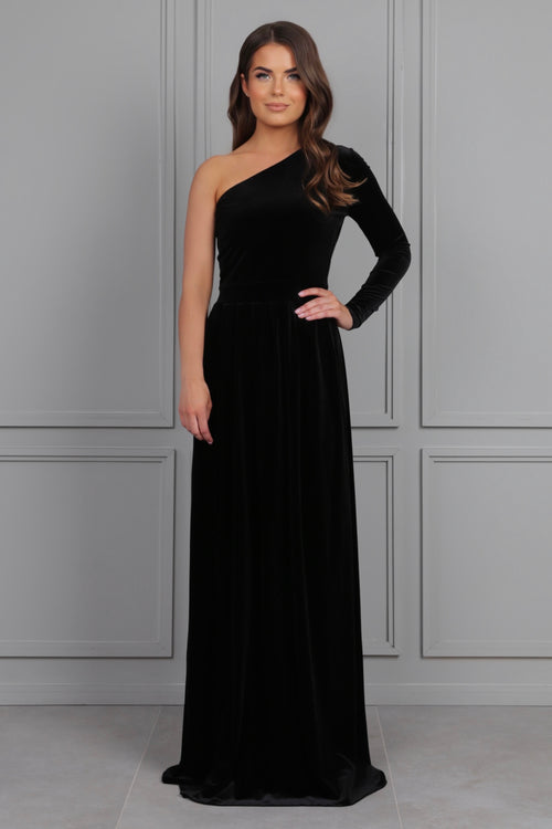 black one shoulder dress prom Evening Gown with Floral Detail 48450 Adorned with intricate appliques black one shoulder dress prom