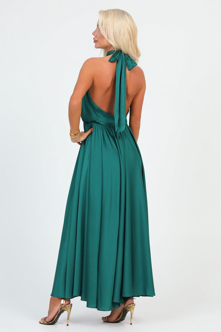 Emerald Green Silk Satin Dress Halter Neckline – Désir Couture