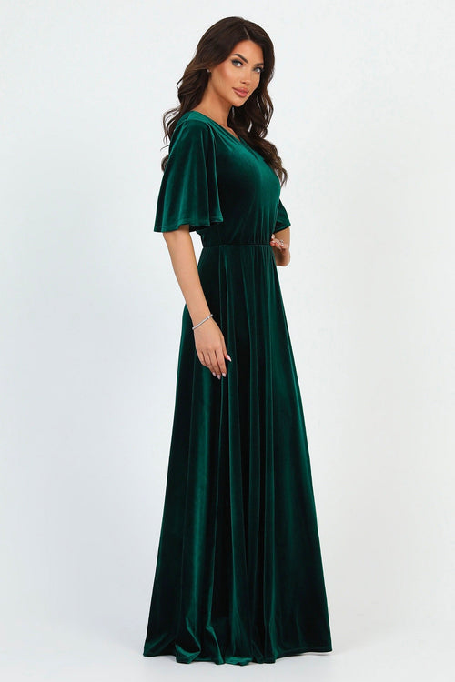 S Size Dark Green Velvet Regular V Neckline Dress Flutter Sleeves (Ready to Ship)