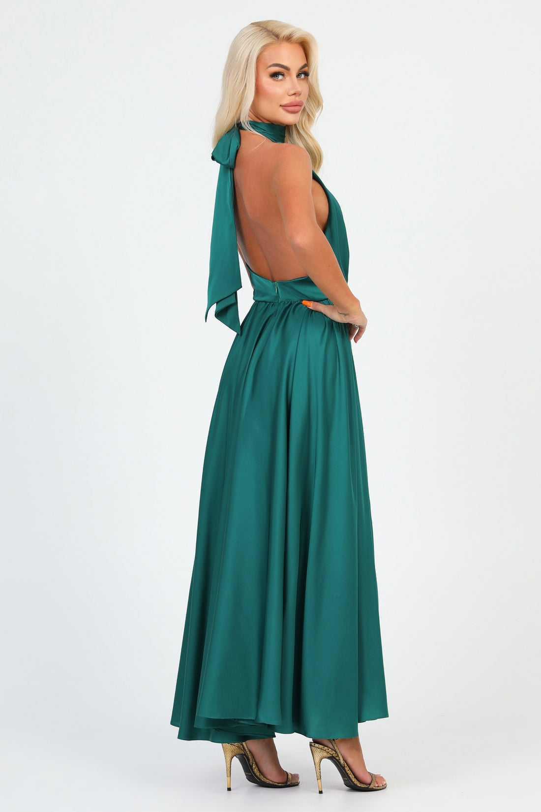 Emerald Green Silk Satin Dress Halter Neckline – Désir Couture