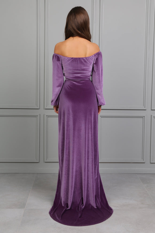 Violet Velvet Off Shoulder Dress