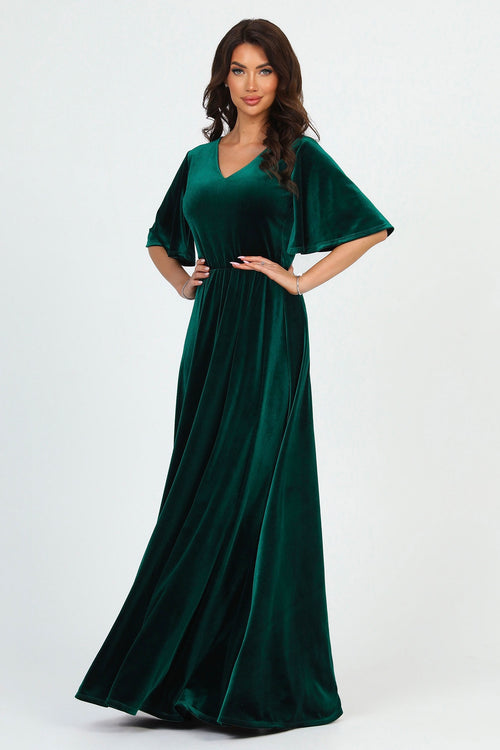 Dark Green Velvet Regular V Neckline Dress Flutter Sleeves