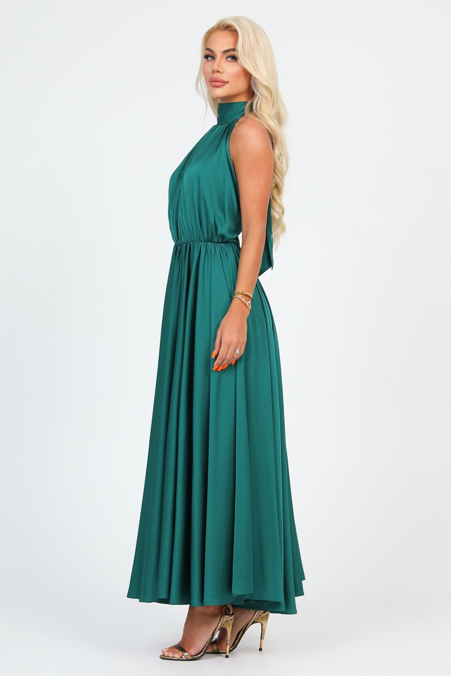 Emerald Green Silk Satin Dress Halter Neckline – Désir Couture