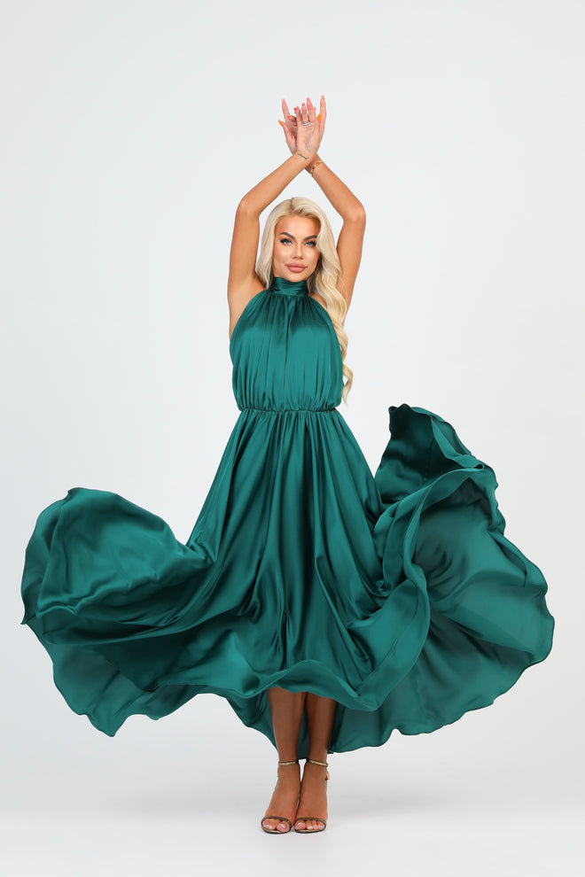 Emerald Green Silk Satin Dress Halter Neckline