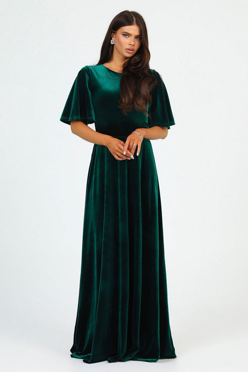 S Size Dark Green Velvet Round Neckline Dress Flutter Sleeves (Ready to Ship)