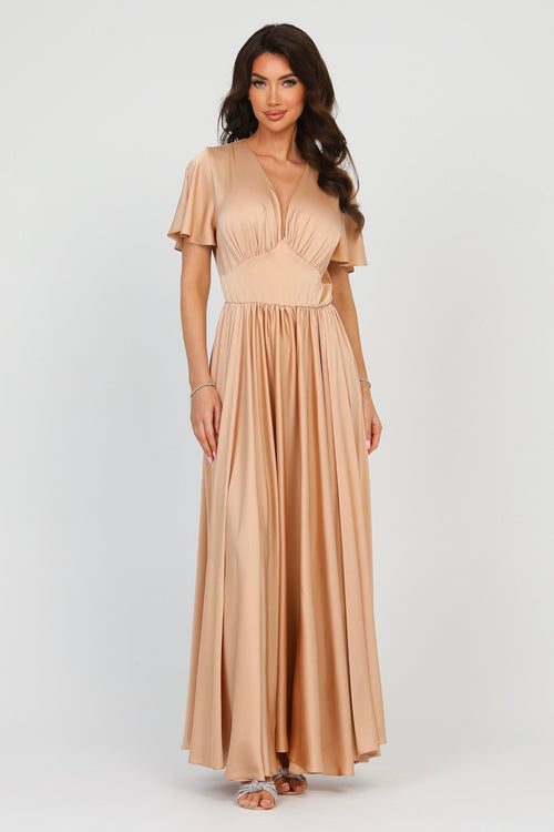 S Size Beige Sand Silk Satin Dress V Neckline Flutter Sleeves (Ready to Ship)