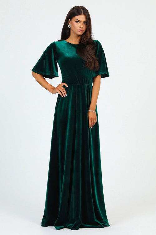 S Size Dark Green Velvet Round Neckline Dress Flutter Sleeves (Ready to Ship)