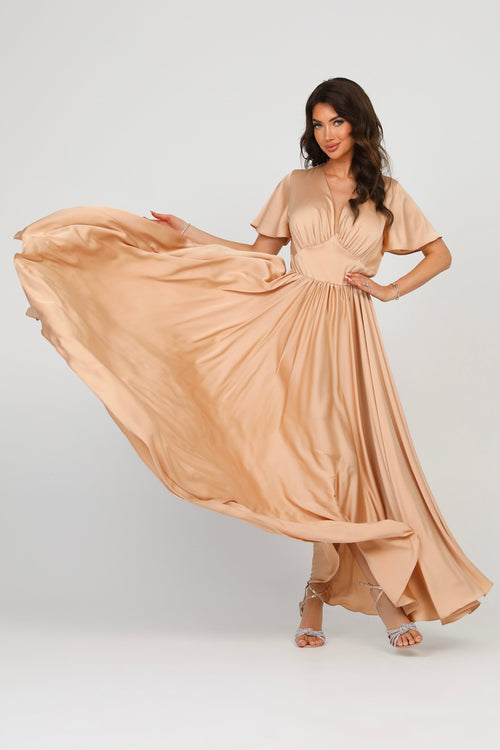 S Size Beige Sand Silk Satin Dress V Neckline Flutter Sleeves (Ready to Ship)