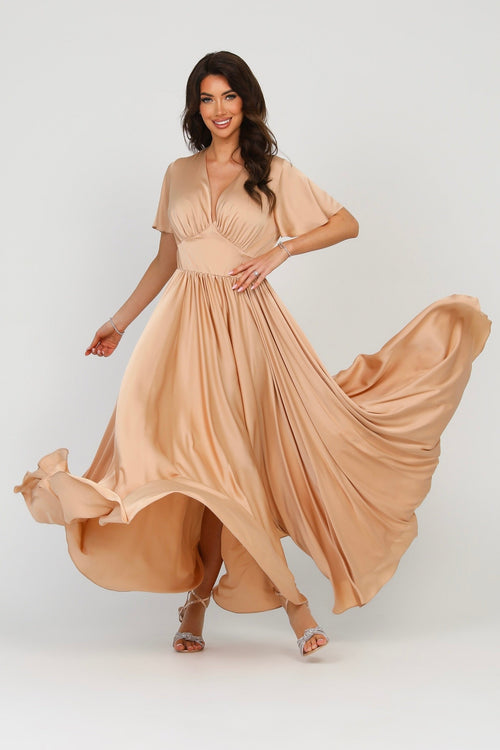 S Size Beige Sand Silk Satin Dress V Neckline Flutter Sleeves (Ready to Ship)