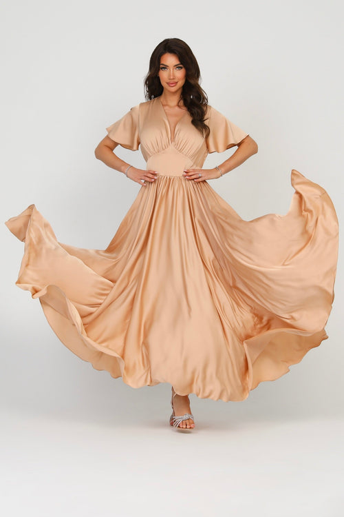 S Size Beige Sand Silk Satin Dress V Neckline Flutter Sleeves (Ready to Ship)