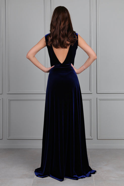 Navy Wrap V Neckline Velvet Dress