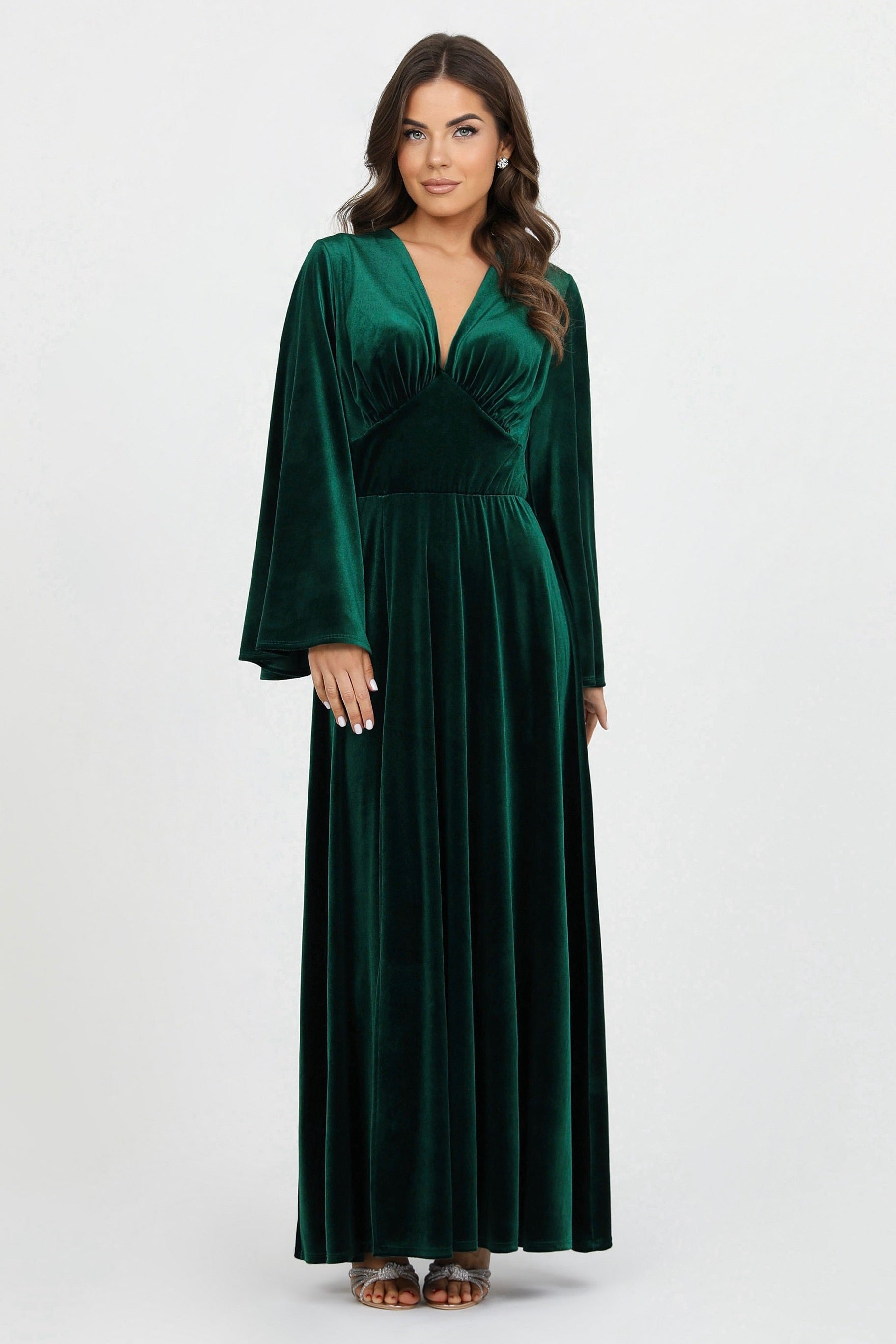 Dark Green Velvet Dress With Flare Sleeves