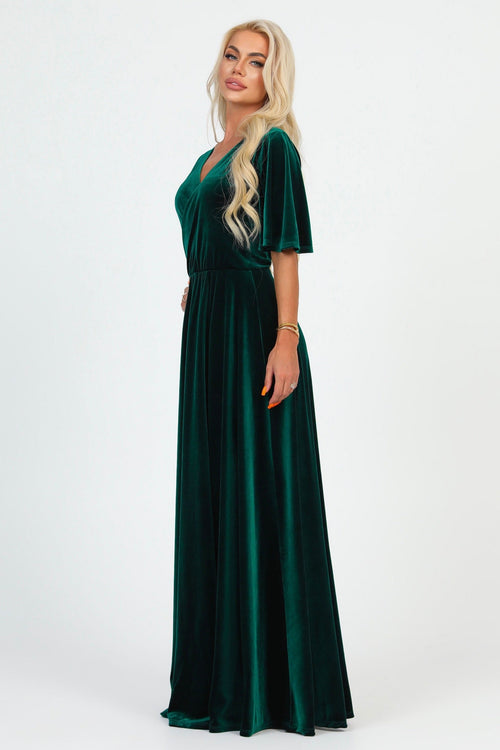 S Size Dark Green Velvet Wrap V Neckline Dress Flutter Sleeves (Ready to Ship)