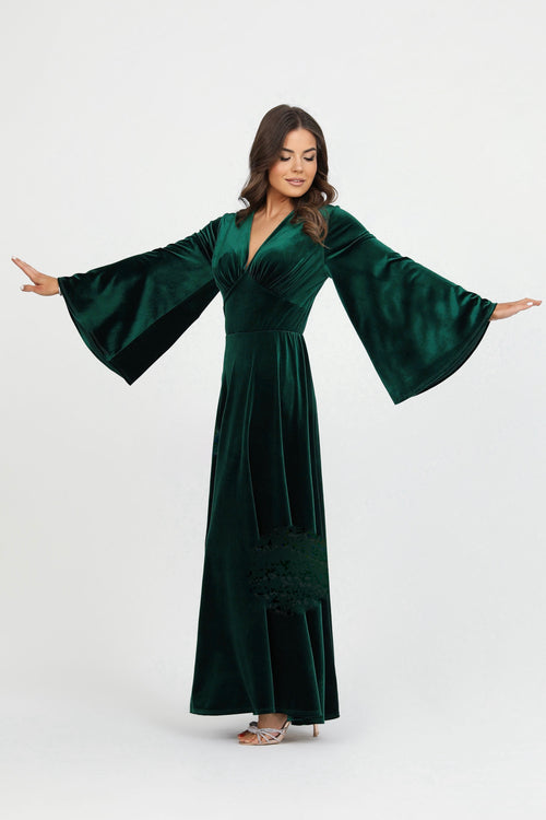 Dark Green Velvet Dress With Flare Sleeves Dark Green Velvet Dress With Flare Sleeves