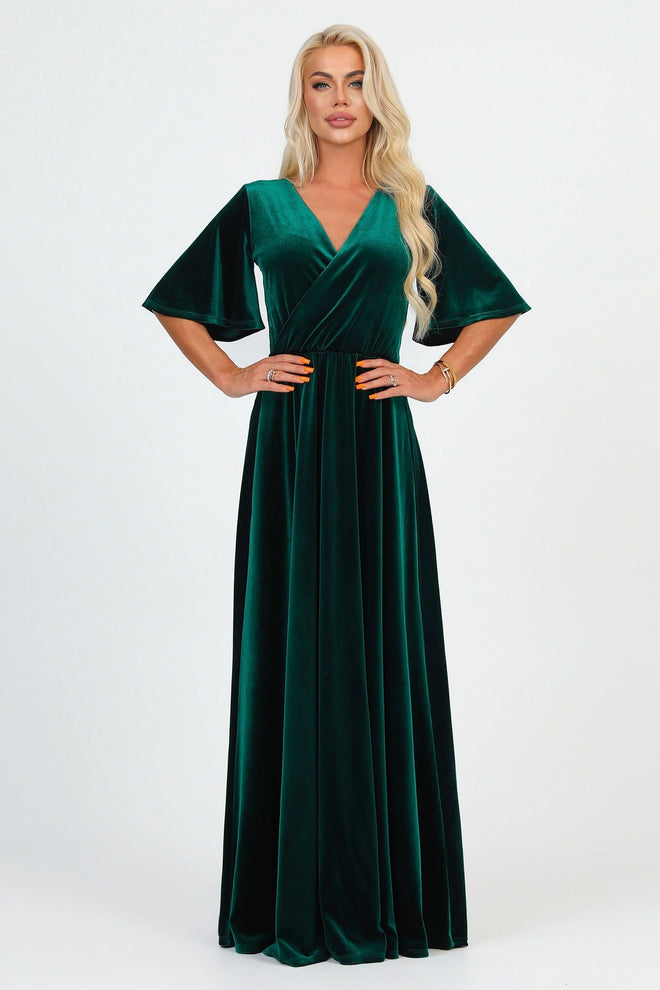 S Size Dark Green Velvet Wrap V Neckline Dress Flutter Sleeves (Ready to Ship)