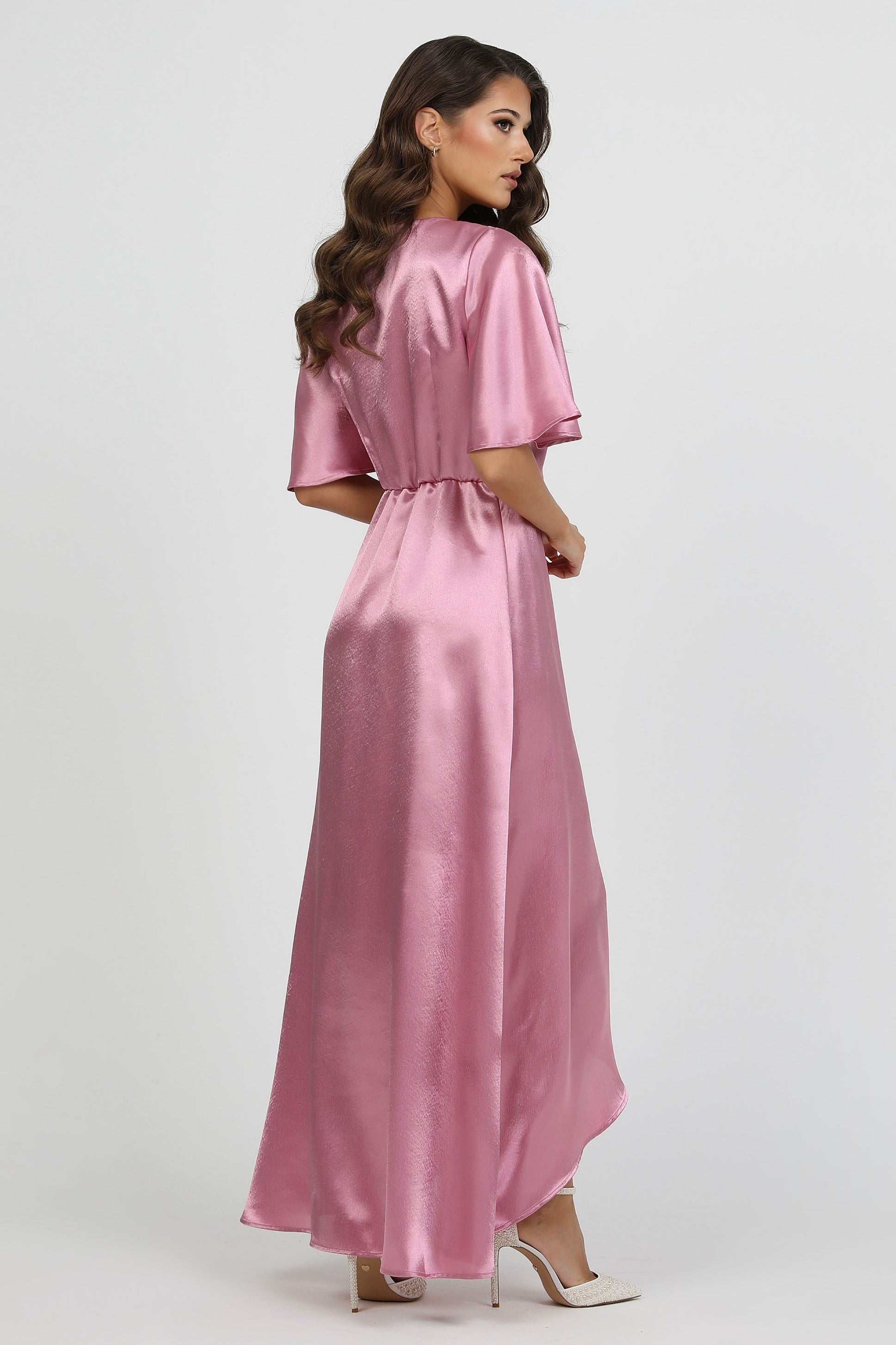 S Size Dusty Rose Wrap Satin Dress With Flutter Sleeves (Ready to Ship Dsir Couture S Size Dusty Rose Wrap Satin Dress With Flutter Sleeves (Ready to Ship Dsir Couture