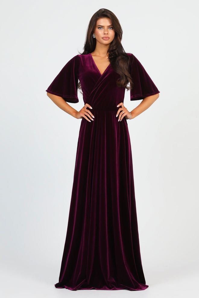 S Size Dark Purple Velvet Wrap V Neckline Dress Flutter Sleeves (Ready to Ship)