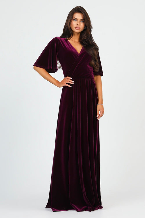 S Size Dark Purple Velvet Wrap V Neckline Dress Flutter Sleeves (Ready to Ship)