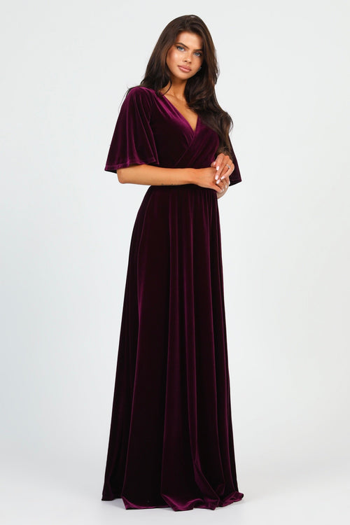 S Size Dark Purple Velvet Wrap V Neckline Dress Flutter Sleeves (Ready to Ship)