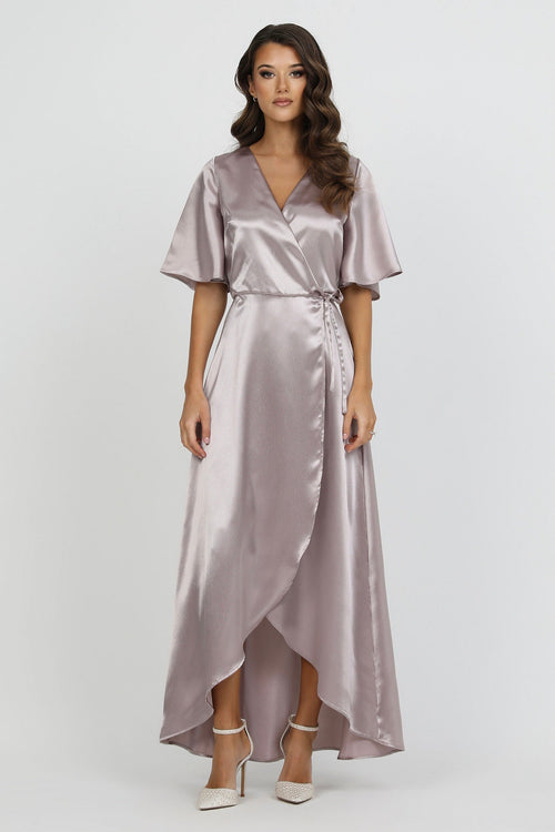 S Size Taupe Wrap Satin Dress With Flutter Sleeves (Ready to Ship) Dsir Couture S Size Taupe Wrap Satin Dress With Flutter Sleeves (Ready to Ship) Dsir Couture