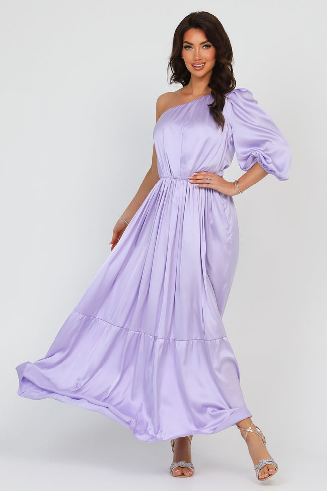 Lilac Silk Satin Dress One Shoulder