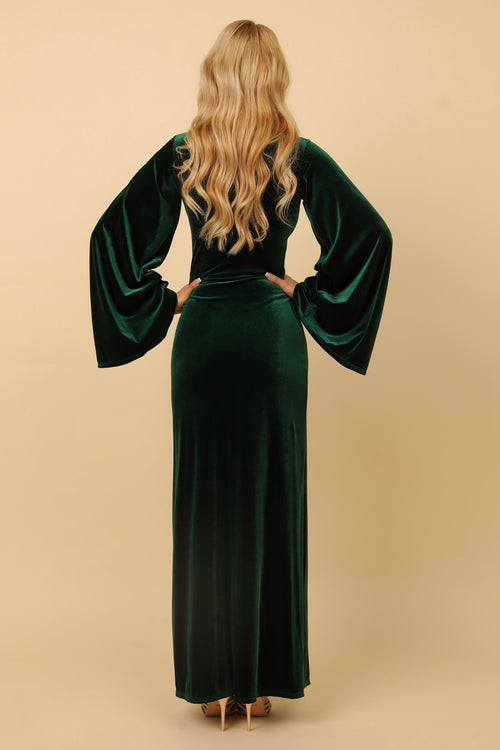 S Size Dark Green Velvet Deep V Neckline Flare Sleeves Dress (Ready to Ship)