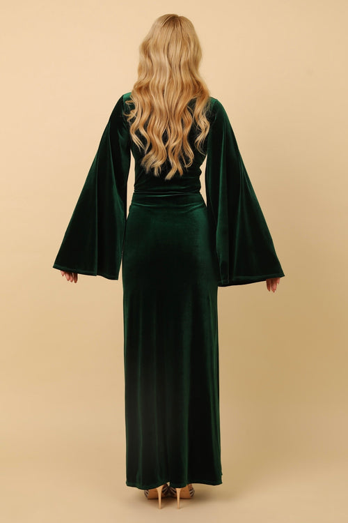 S Size Dark Green Velvet Deep V Neckline Flare Sleeves Dress (Ready to Ship)
