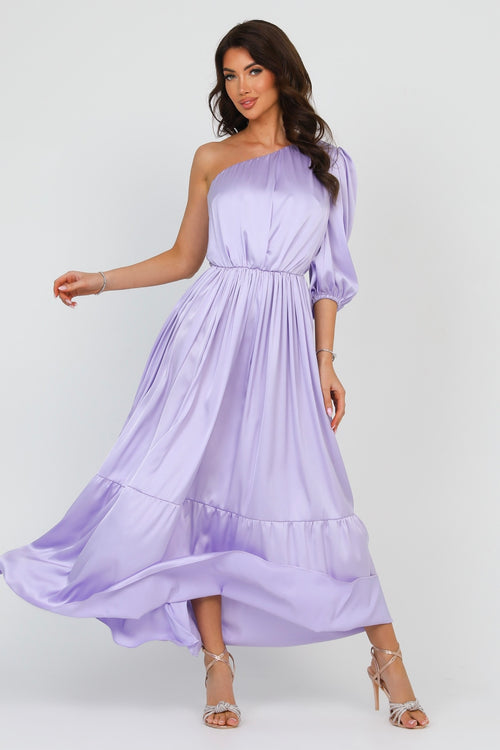Lilac Silk Satin Dress One Shoulder