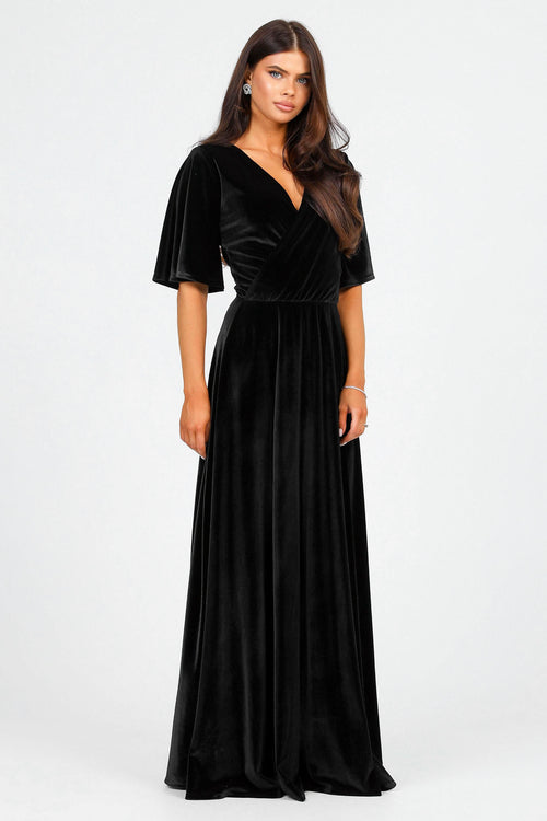Black Velvet Wrap V Neckline Dress Flutter Sleeves Black Velvet Wrap V Neckline Dress Flutter Sleeves