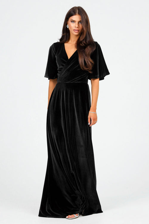 Black Velvet Wrap V Neckline Dress Flutter Sleeves Black Velvet Wrap V Neckline Dress Flutter Sleeves