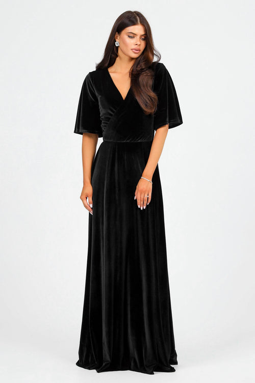 Black Velvet Wrap V Neckline Dress Flutter Sleeves Black Velvet Wrap V Neckline Dress Flutter Sleeves