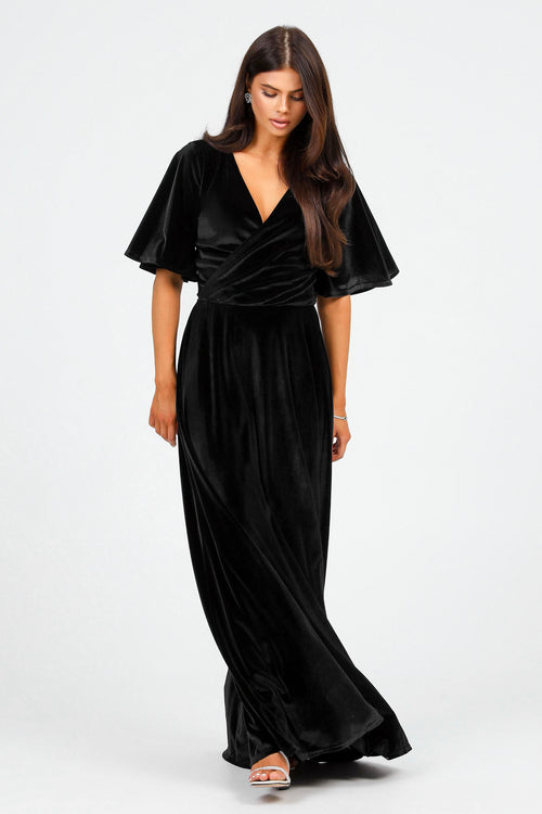 Black Velvet Wrap V Neckline Dress Flutter Sleeves Black Velvet Wrap V Neckline Dress Flutter Sleeves