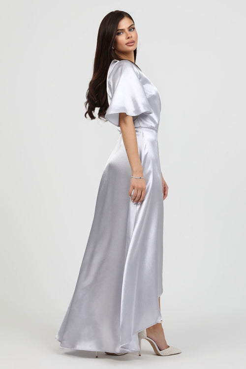 Light Gray Wrap Satin Dress With Flutter Sleeves Dsir Couture Light Gray Wrap Satin Dress With Flutter Sleeves Dsir Couture