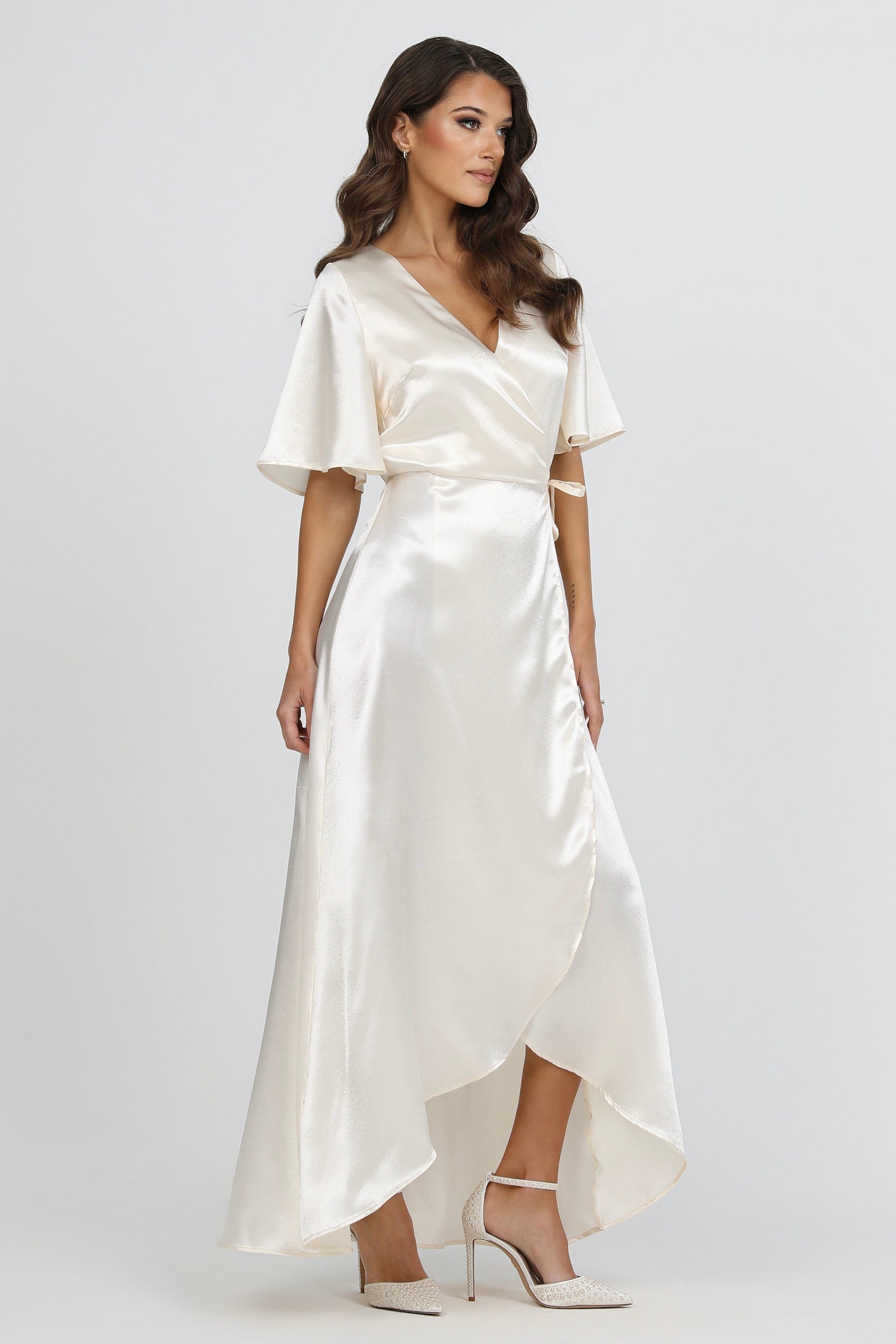 Ivory Wrap Satin Dress With Flutter Sleeves – Désir Couture