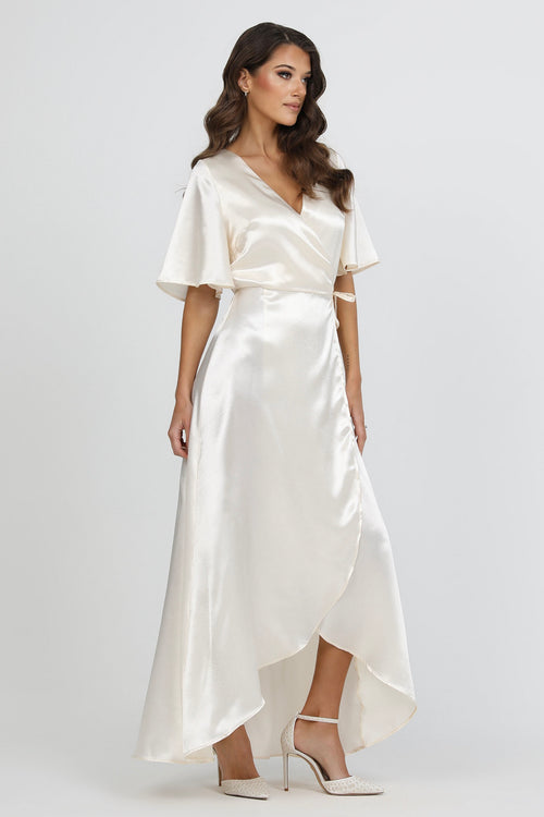 Ivory Wrap Satin Dress With Flutter Sleeves Dsir Couture Ivory Wrap Satin Dress With Flutter Sleeves Dsir Couture