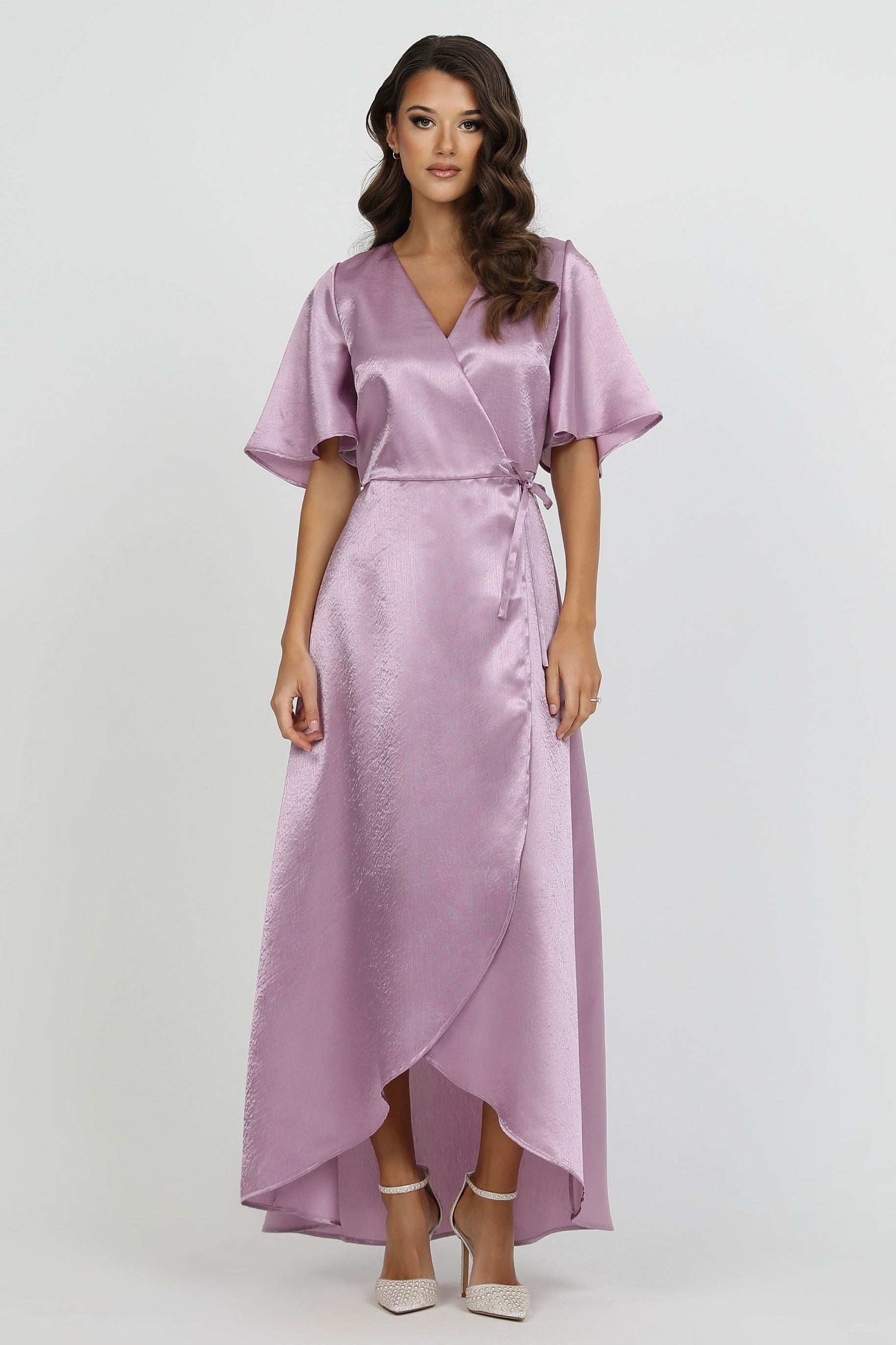 Dusty Lilac Wrap Satin Dress With Flutter Sleeves – Désir Couture