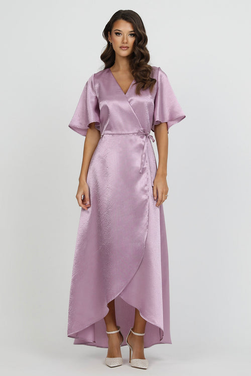 Dusty Lilac Wrap Satin Dress With Flutter Sleeves Dsir Couture Dusty Lilac Wrap Satin Dress With Flutter Sleeves Dsir Couture