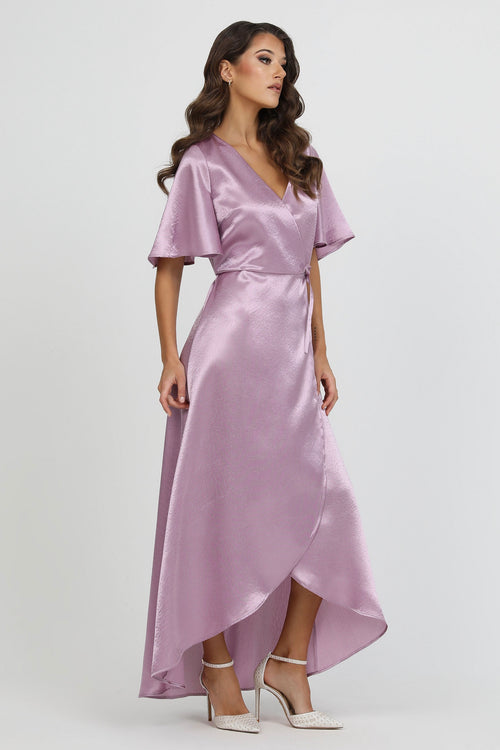 Dusty Lilac Wrap Satin Dress With Flutter Sleeves Dsir Couture Dusty Lilac Wrap Satin Dress With Flutter Sleeves Dsir Couture