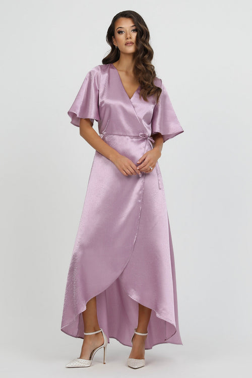 satin lavender dress Dusty Lilac Wrap Satin Dress With Flutter Sleeves – Désir Couture