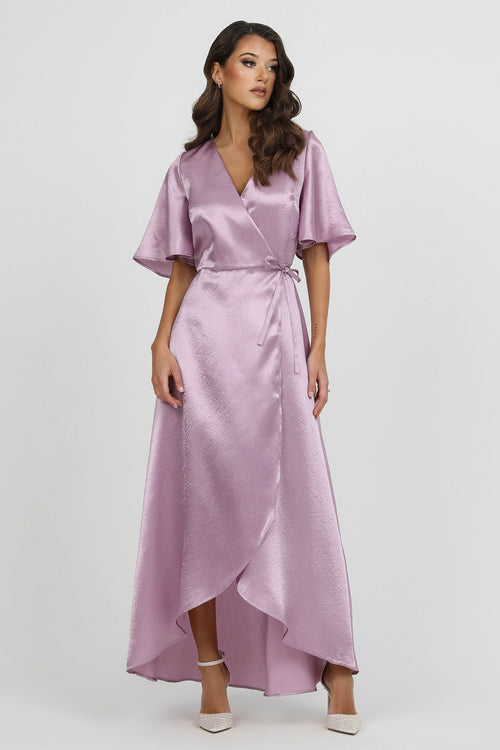 Dusty Lilac Wrap Satin Dress With Flutter Sleeves Dsir Couture Dusty Lilac Wrap Satin Dress With Flutter Sleeves Dsir Couture