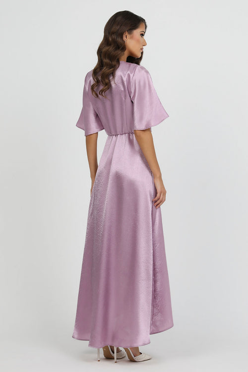 Dusty Lilac Wrap Satin Dress With Flutter Sleeves Dsir Couture Dusty Lilac Wrap Satin Dress With Flutter Sleeves Dsir Couture