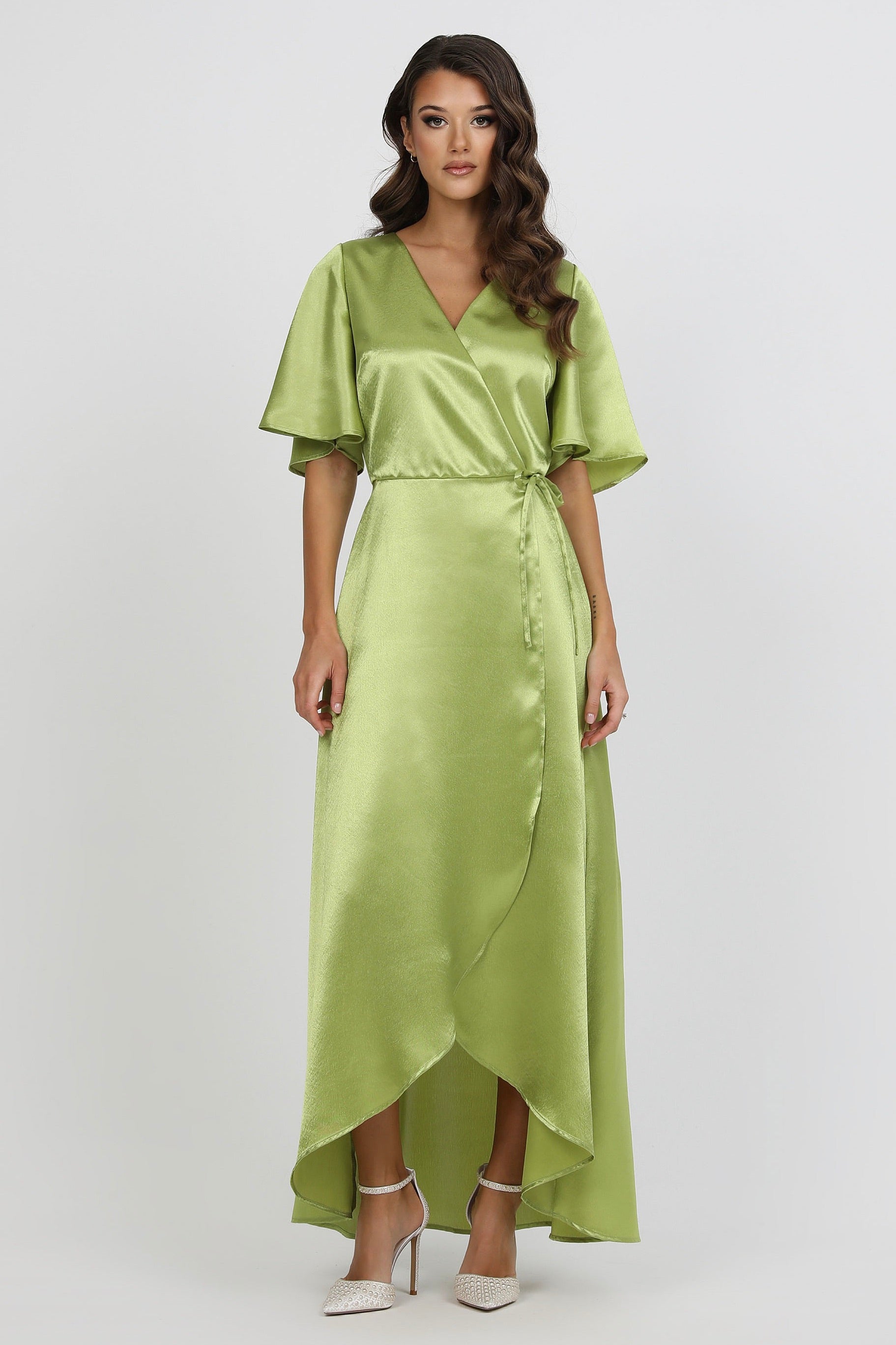 Lime Green Wrap Satin Dress With Flutter Sleeves  Dsir Couture