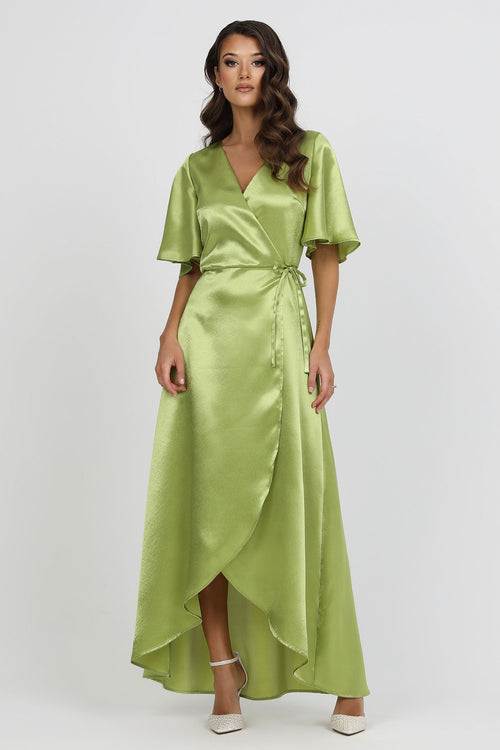 Lime Green Wrap Satin Dress With Flutter Sleeves Lime Green Wrap Satin Dress With Flutter Sleeves