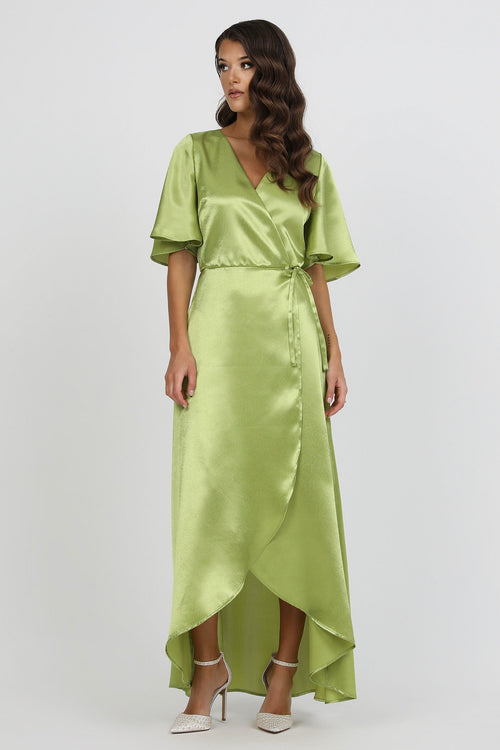 Lime Green Wrap Satin Dress With Flutter Sleeves Dsir Couture Lime Green Wrap Satin Dress With Flutter Sleeves Dsir Couture