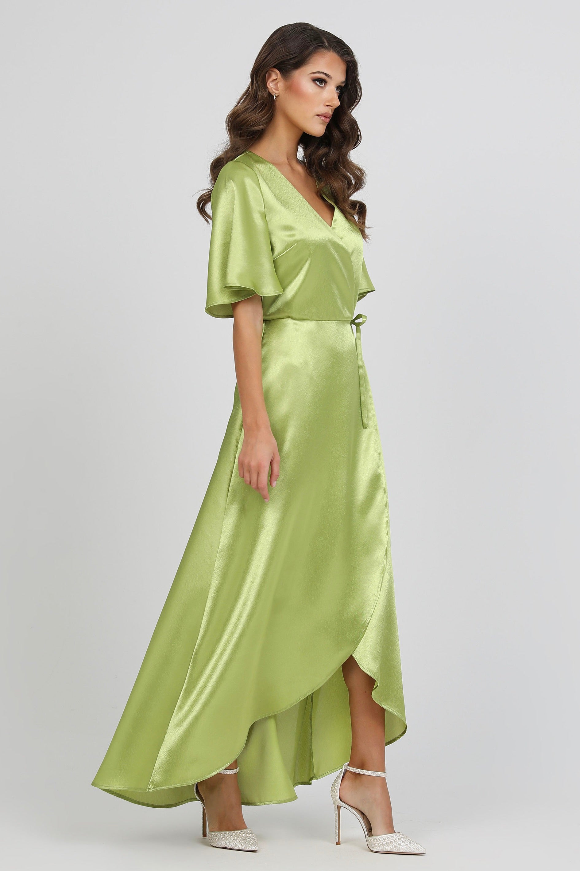 Lime Green Wrap Satin Dress With Flutter Sleeves – Désir Couture