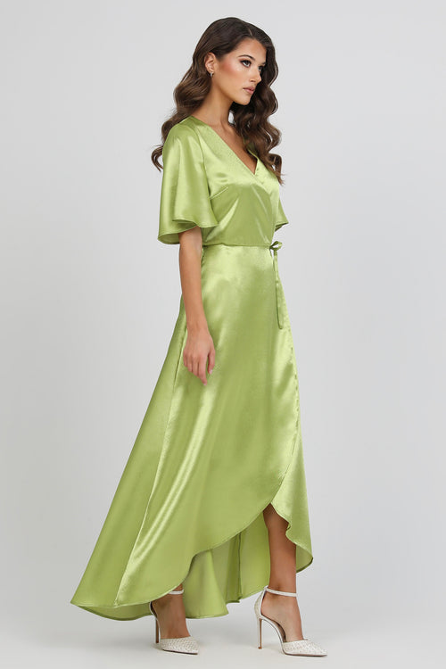 Lime Green Wrap Satin Dress With Flutter Sleeves Lime Green Wrap Satin Dress With Flutter Sleeves