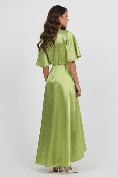 Lime Green Wrap Satin Dress With Flutter Sleeves Dsir Couture Lime Green Wrap Satin Dress With Flutter Sleeves Dsir Couture