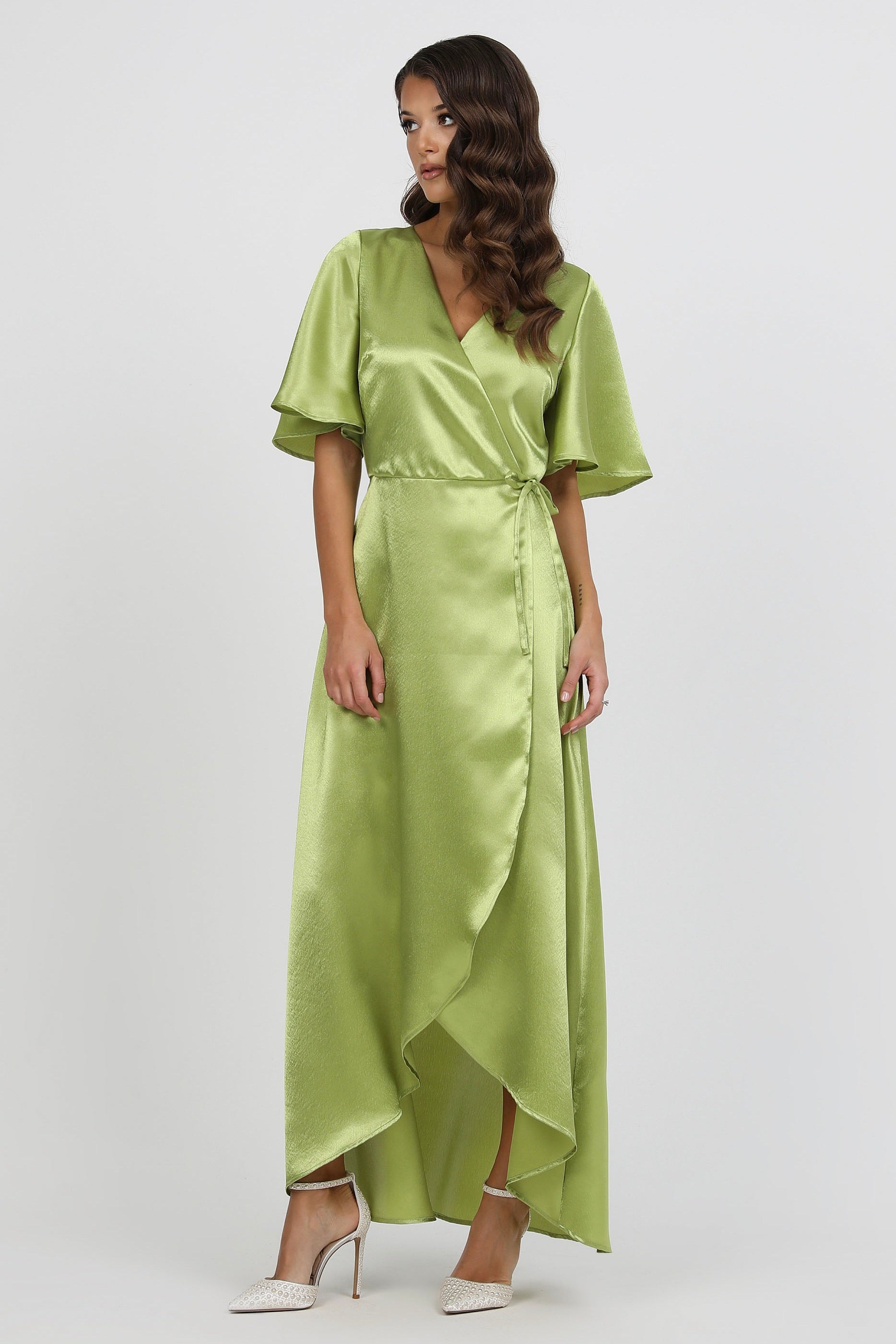 green satin dress plt Long Satin Prom Dress with Sheer-Panel Lace-Up Corset Moss / 3 main image 1