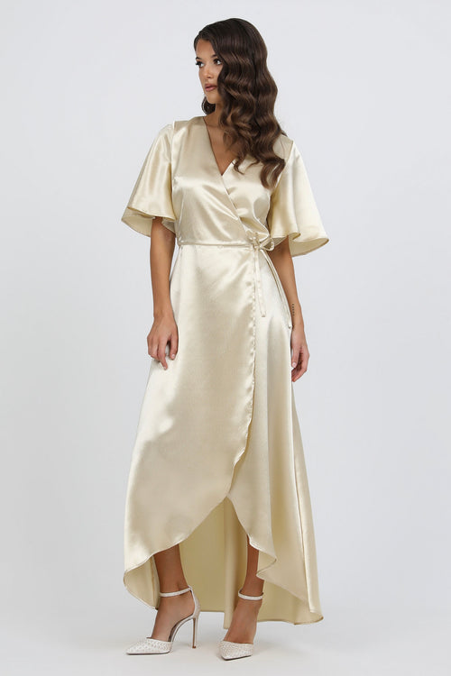 Light Champagne Wrap Satin Dress With Flutter Sleeves Dsir Couture Light Champagne Wrap Satin Dress With Flutter Sleeves Dsir Couture