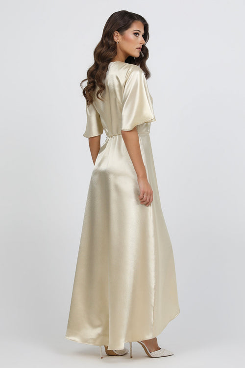 Light Champagne Wrap Satin Dress With Flutter Sleeves Dsir Couture Light Champagne Wrap Satin Dress With Flutter Sleeves Dsir Couture